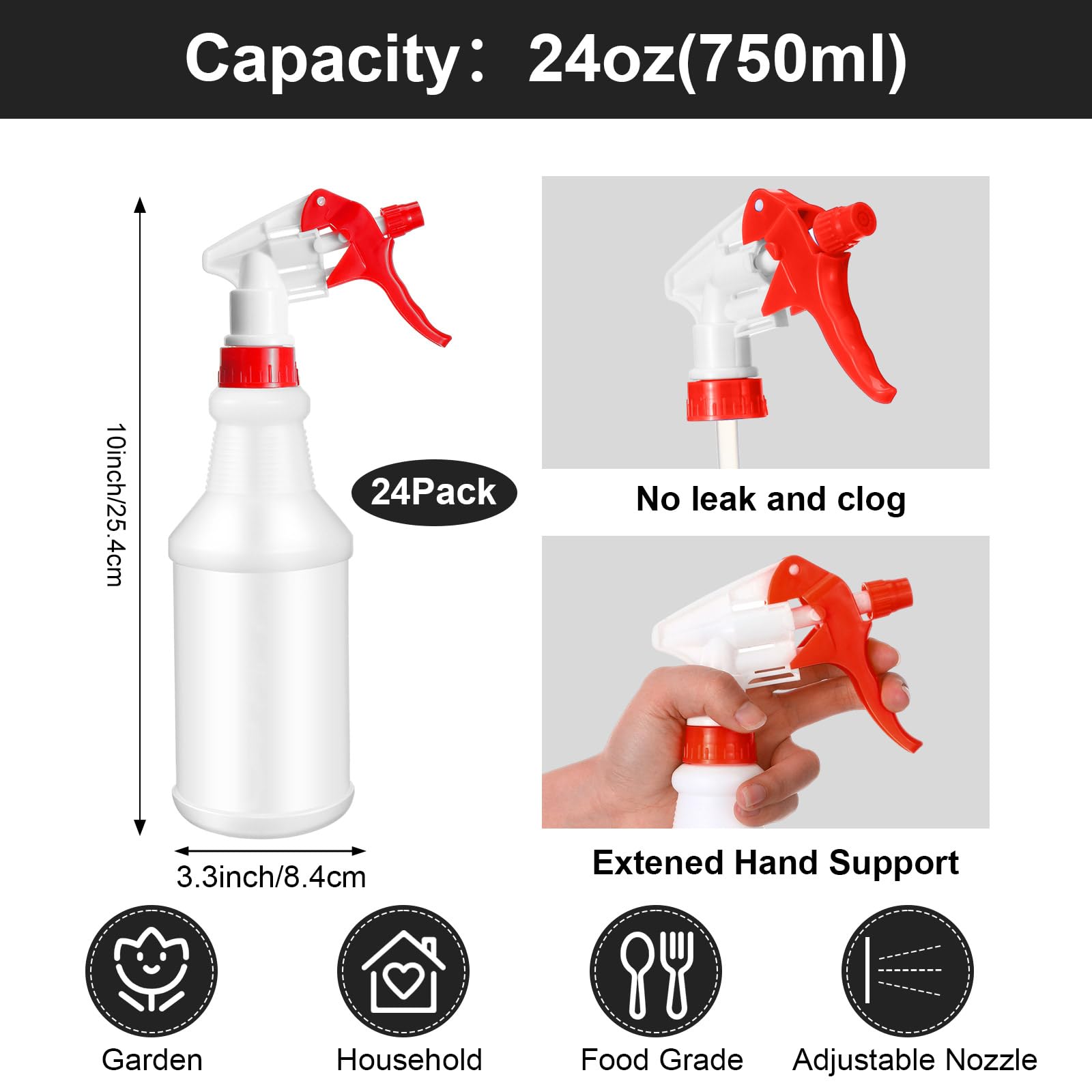 Gerrii 24 botellas de plástico de 24 onzas a granel, botellas vacías recargables para solución de limpieza, botella de spray de agua a prueba de fugas con boquilla ajustable y calcomanías suministros