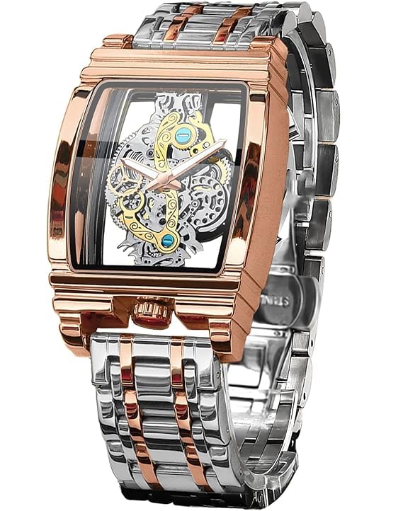 ZuBuBoo Men's Luxury Hollow Skeleton Watch Retro Gorgeous Gear Carving Design Rectangle Tonneau Large Dial Stainless Steel Band Quartz Wristwatch Not Mechanical...