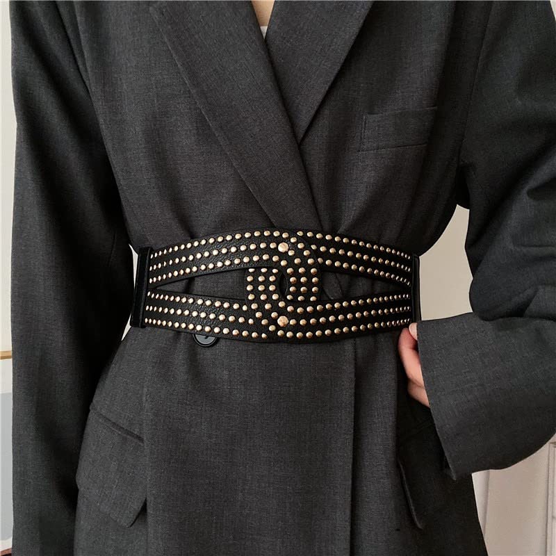 Women's Studded Vintage Wide Waistband Cinch Belts Rivet Elastic Fashion Leather Stretchy for Dresses(Black-1)3