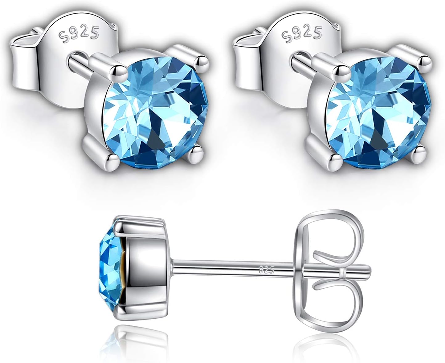 Swarovski Stud Earrings for Women - 925 Sterling Silver Crystal Earrings - Birthstone Earrings Studs for Girls - Aquamarine Crystal From Swarovski By GoSparkling Allergy-Free Passed SGS Inspection