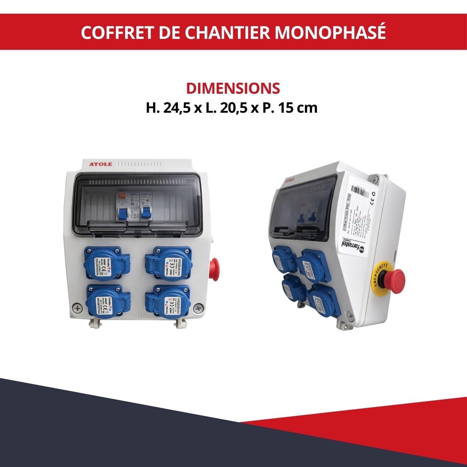 Coffret de Chantier monophasé - 4 Prises NF 2P+T - 50hZ - 16A NF - 250V - 9 modules