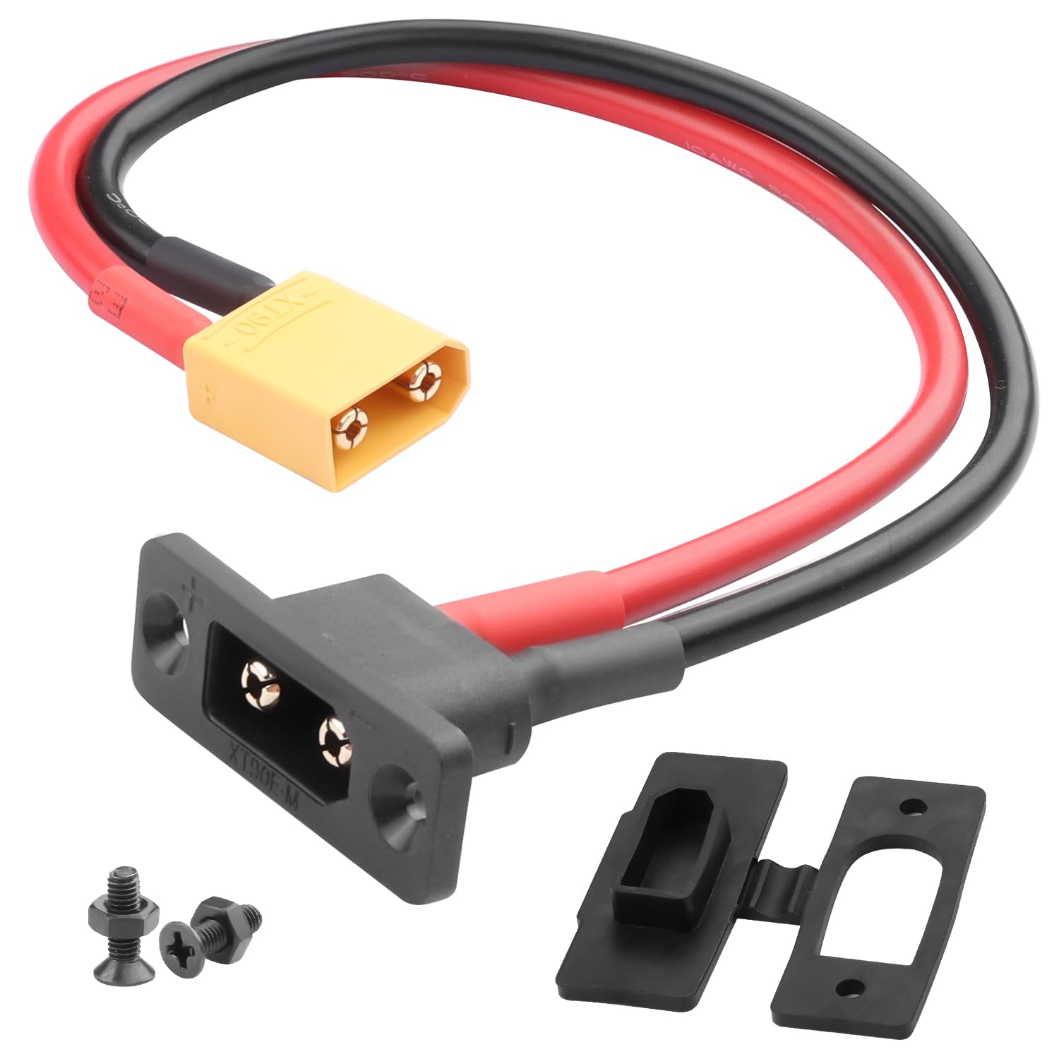 QIANRENON Gold plated XT90 Fixed Mount Connector Cable 10AWG XT90E-M Male to XT90 Male Bulkhead Mount Short Cable Adapter,Dust Cover, for RC Airplane Model Outdoor Power Supply, 30cm/11.8in