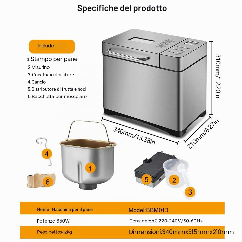 Macchina per il pane 19 in 1, in acciaio inox, con pannello touch digitale, 650 W, con scatola automatica degli ingredienti