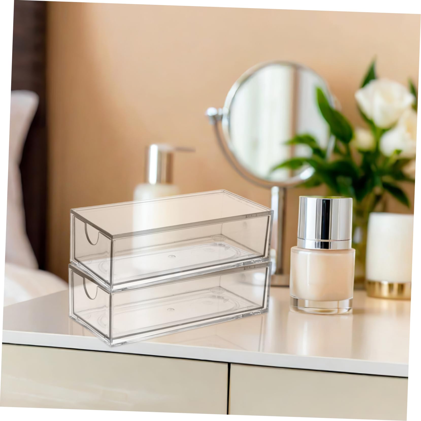 TEHAUX Organizer 4 Cassetti Impilabili, Grande Capacità 4 Pezzi in Plastica Trasparente Resistente alla Deformazione per Chioma per Ufficio e Scrivania