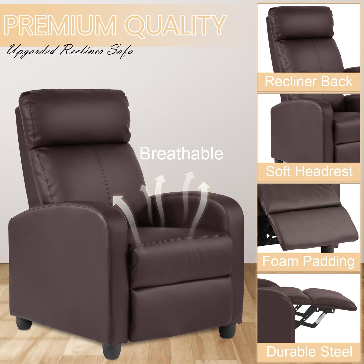 Dopinmin Recliner Chair Breathable Padded PU Leather Massage Single Sofa Recliners for Small Recliner Chair with Footrest Home Theater Seating for Bedroom Living Room,Brown