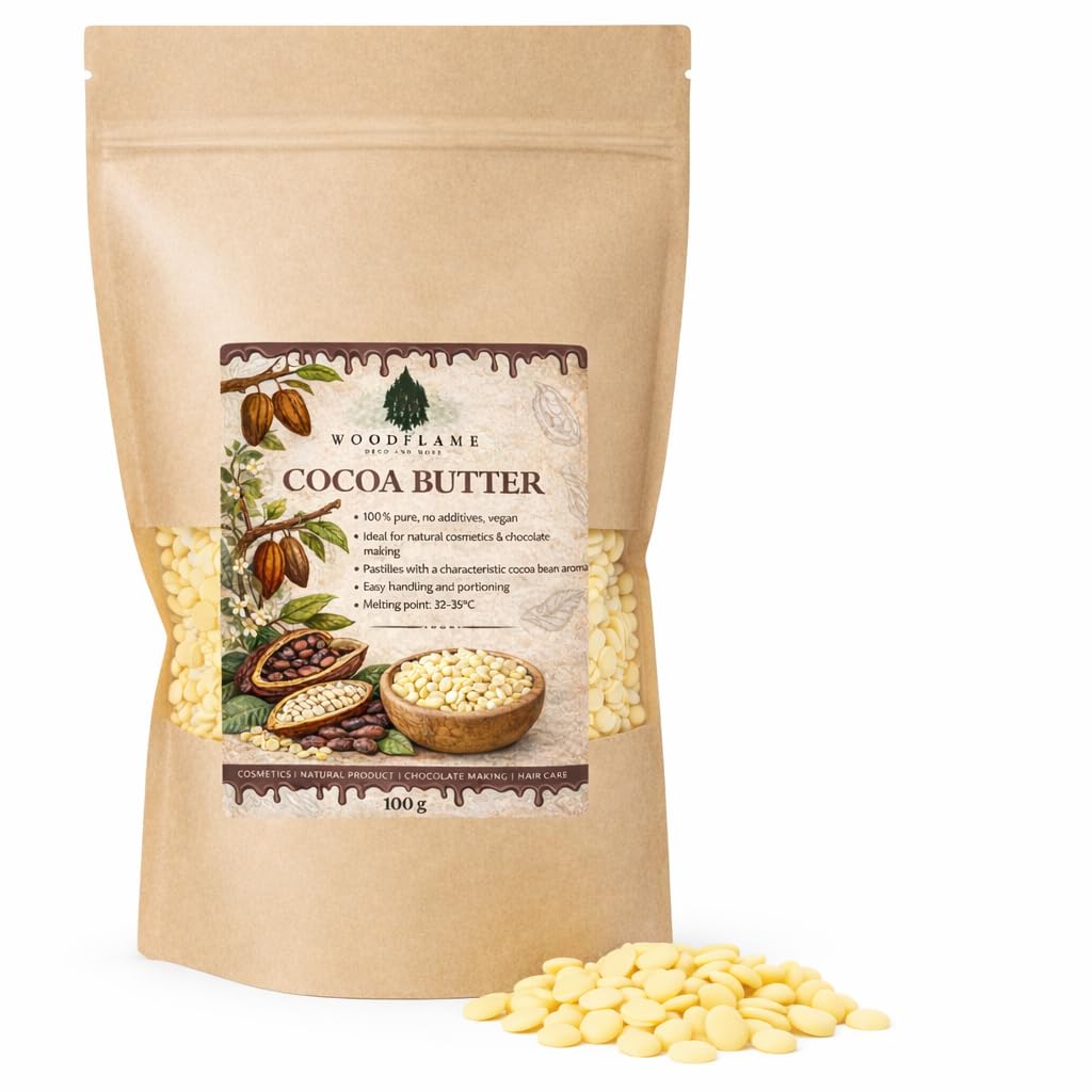 Woodflame Kakaobutter, Pastillen, Perfekt geeignet für Kosmetik, natürlich vegan und rein, Theobroma cocoa seed butter, Lebensmittelqualität