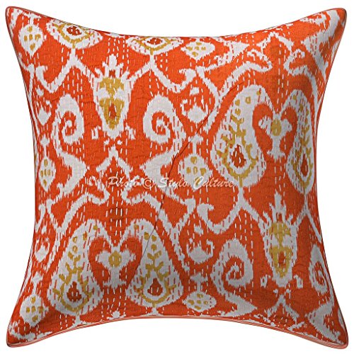 Stylo Culture Coton Coussin Ethnique Couverture imprimé Kantha Stitch 16x16 Orange Multi Ikat Housse d'oreiller Cover