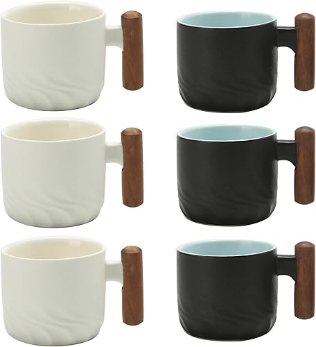 Juego de 6 tazas de té pequeñas, tazas de café expreso de cerámica de 2 onzas con mango de madera