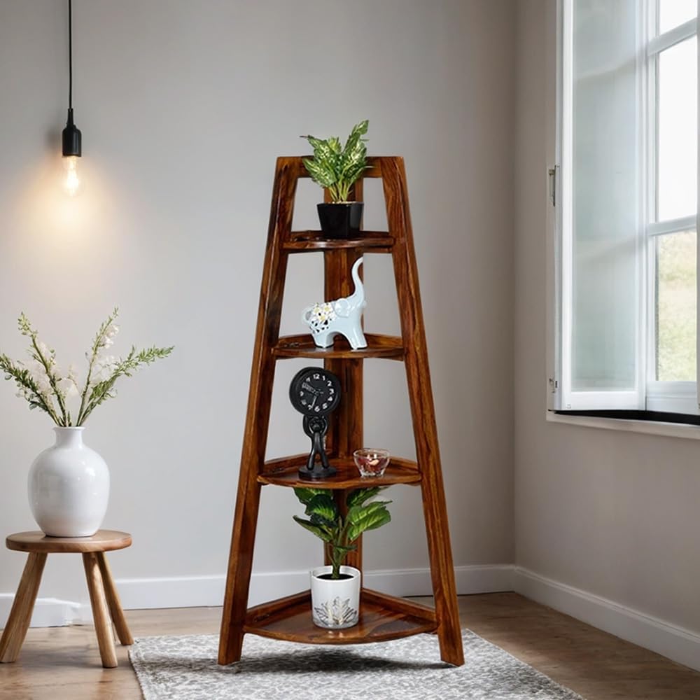 Royaloak 4-Shelf Corner Stand | Wooden Corner Shelf with Natural Finish | Sheesham Wood Construction | 4 Foldable Shelves | Corner Stand for Living Room & Bedroom Storage-picture-22