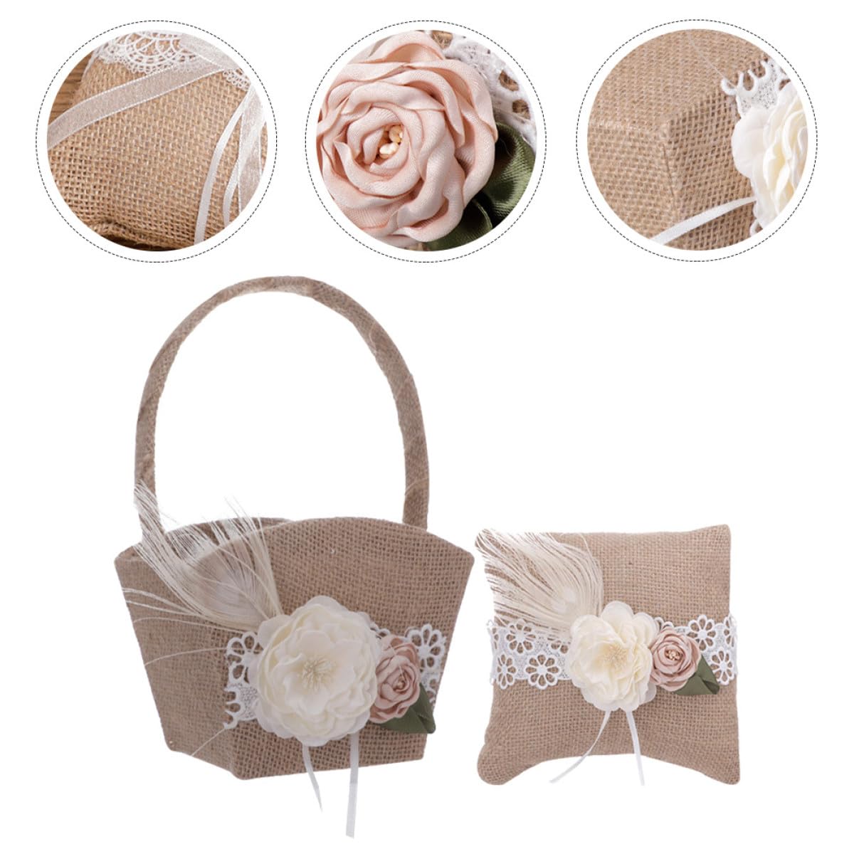 Artibetter Panier de Demoiselle D'honneur Rustique en Lin Ensemble de Mariage Coussin Annulaire et Décoré de Fleurs Artificielles pour Cérémonie de Fiançailles