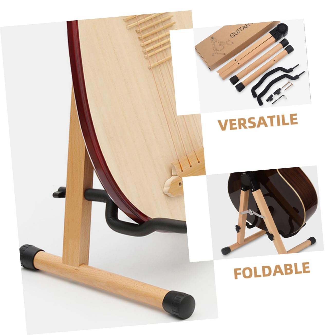 HANABASS Supporto per Chitarra in Legno Pieghevole Stand da Pavimento per Chitarra Acustica Classica ed Elettrica