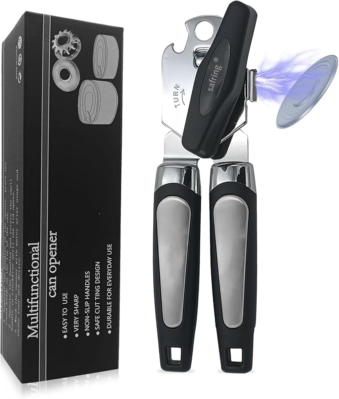 Can Opener Manual with Magnet, Stainless Steel Handheld Heavy Duty Can Opener, Sharp Blade Smooth Edge, Comfortable Handle, Can Openers with Multifunctional Bottle Opener