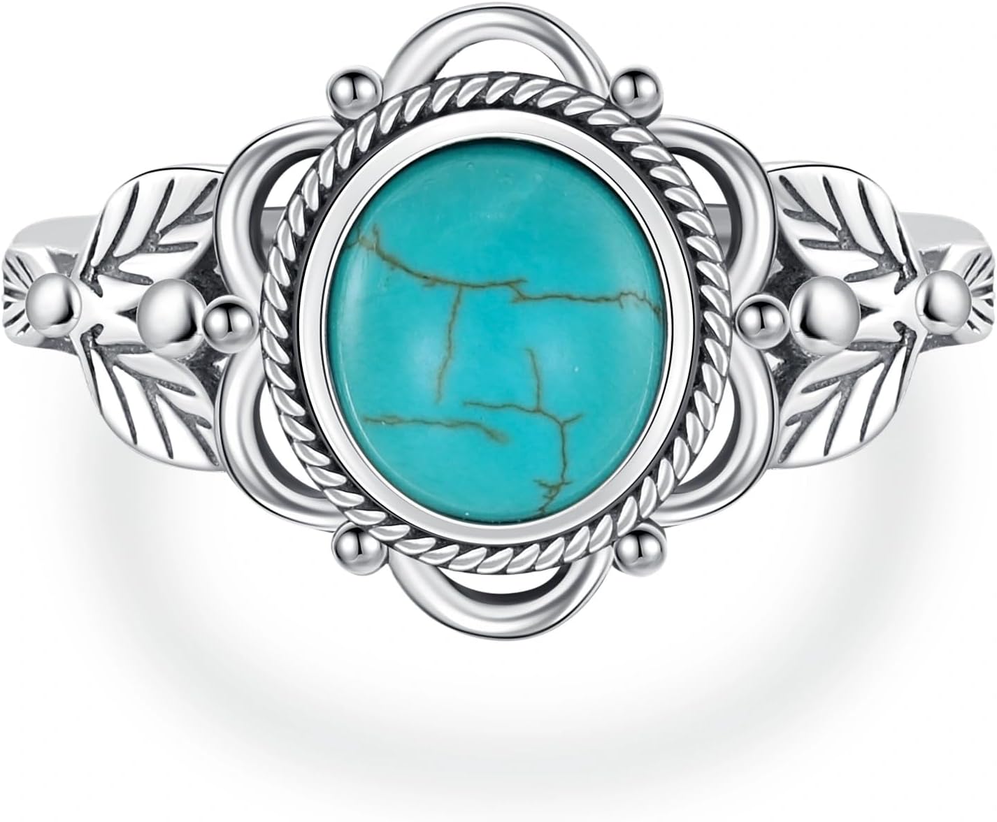Genuine Boho 8x7 MM Turquoise Stone Ring, Sterling Silver Nature Native American Western Jewelry Gemstone Leaf Ring for Men Women - Image 6