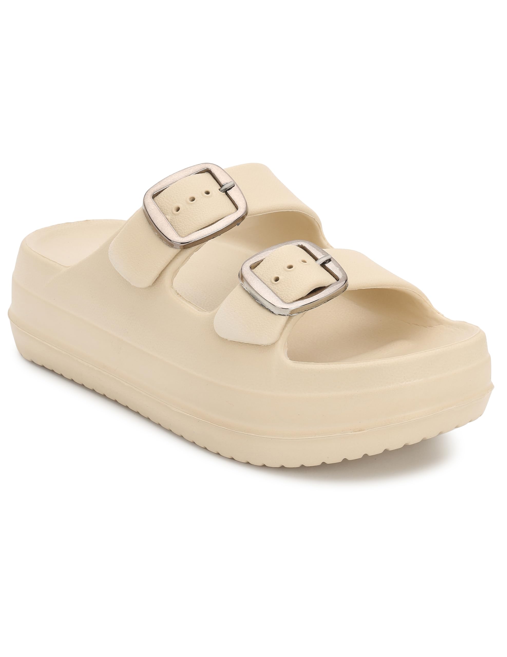 Women's Beige Double Buckle Platform Slide Sandals | Lightweight EVA Comfort Slippers | Adjustable Strap Casual Footwear-image-9