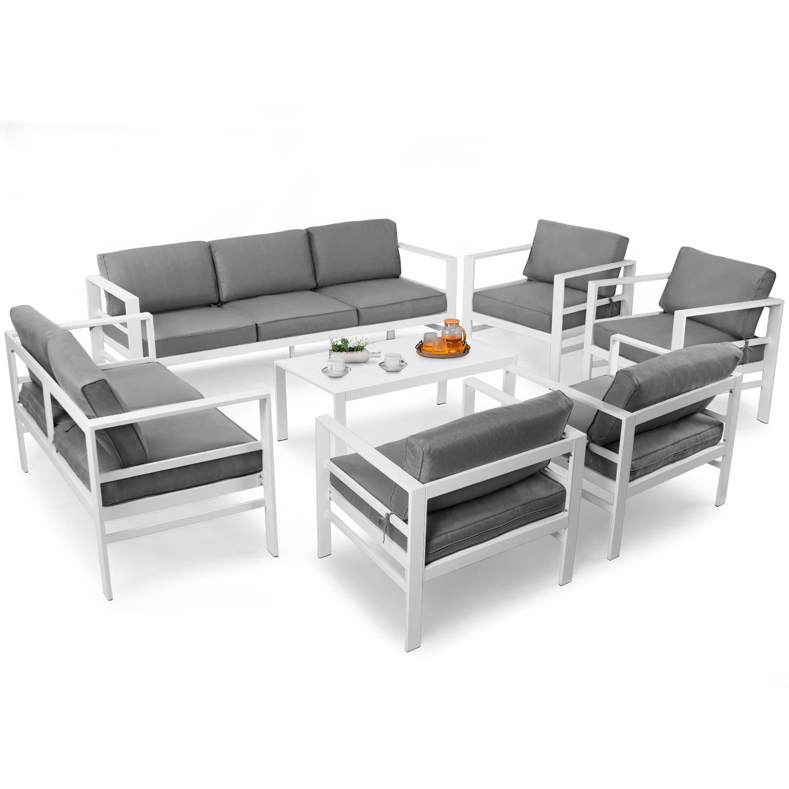 7 PCS Cast Aluminum Outdoor Patio Furniture Set, Metal Patio Conversation Furniture Set, Modern Outdoor Aluminum Patio Sectional Sofa Set with Grey Cushions and White Frame