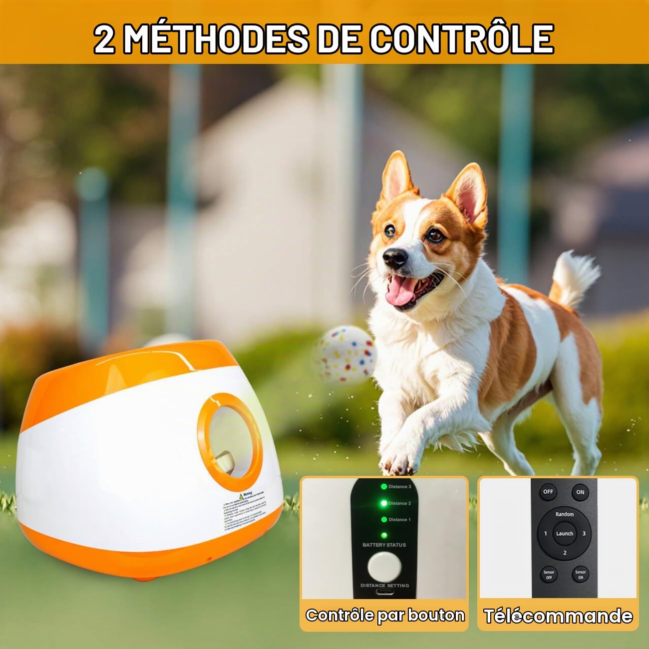 Grand lanceur de balles automatique pour chien avec 6 balles ETPU (6,3 cm), lanceur de balles pour chiens de taille moyenne et grande, 3 distances réglables de 7,8 à 20,9 m, lanceur de balle