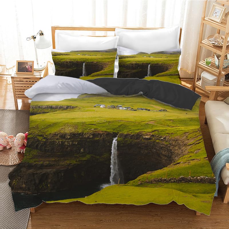 Housse de Couette 140x200 Vert Clair imprimé Canyons en Microfibre avec 2 Taies