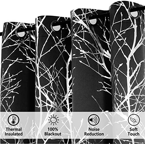 Fmfunctex Black Blackout Curtains for Bedroom 50 x 54 Inch Silver Tree Branch Print Eyelet Curtains Modern Botanical Pattern Thermal Insulated Energy Efficient Window Drapes for Living Room, Set of 2