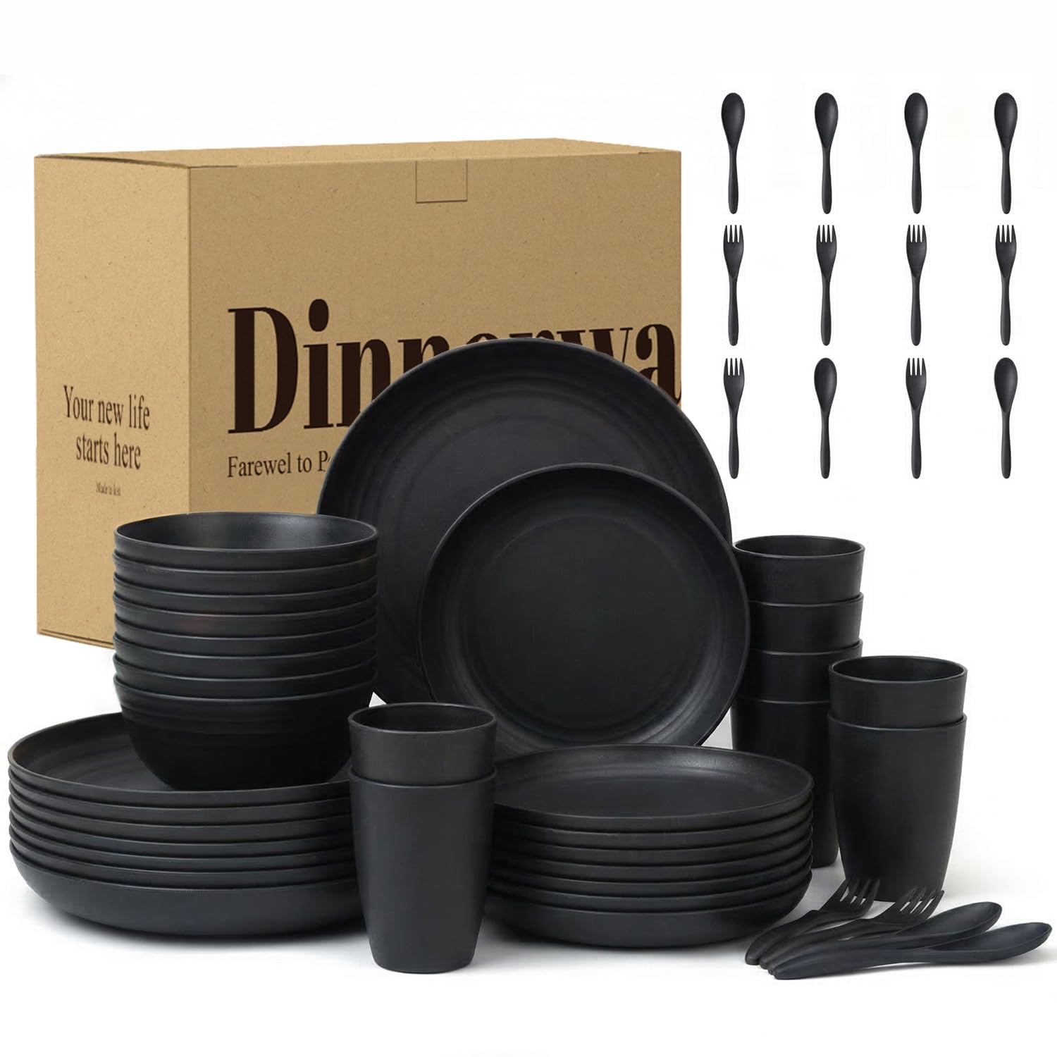 Wrova Service de table réutilisable en plastique noir pour 8 personnes - 48 pièces - Ensemble d'assiettes et de bols avec fourchettes et cuillères - Vaisselle légère pour cuisine, camping, école