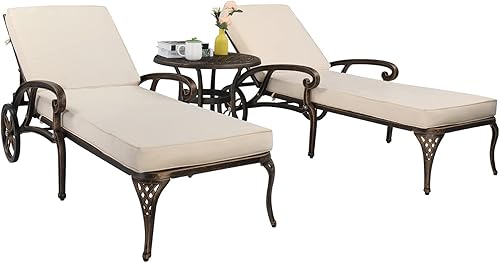 VINGLI Juego de tumbona y mesa auxiliar de aluminio fundido para exteriores, tumbona de patio con respaldo ajustable de 3 posiciones, silla de