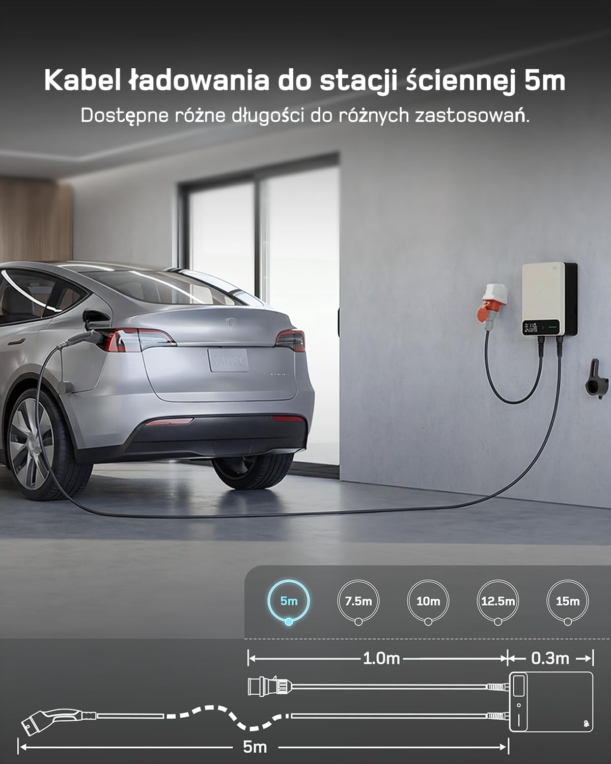 dé Skrzynka ścienna typu 2, 11 kW, z aplikacją i RFID, 6-16 A, 3-fazowa ładowarka EV, 400 V z kablem do ładowania 5 m i uchwytem na kabel do ochrony BEV/PHEV, RCD typu B i IP54, wydajna stacja