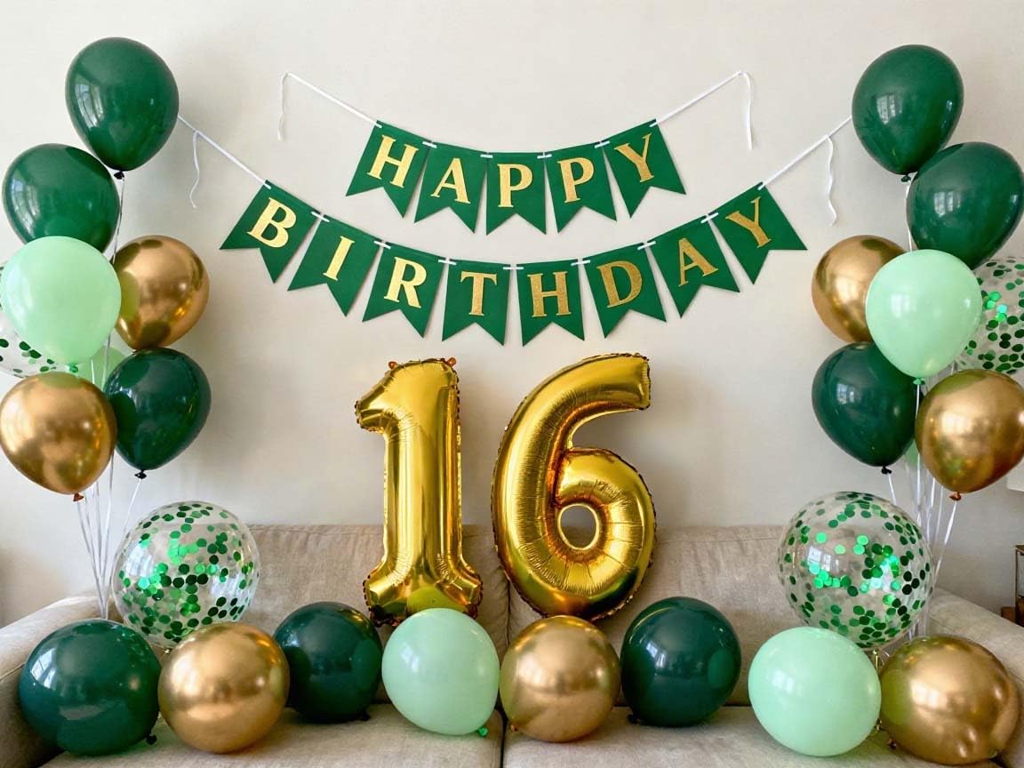 Photo 1 of 16th Birthday Decorations for Boys, Green Gold 16th Birthday Latex Confetti Balloons Set,Birthday Banner Number 16 Foil Balloon for Him Son 16 Years Birthday Supplies(16th)