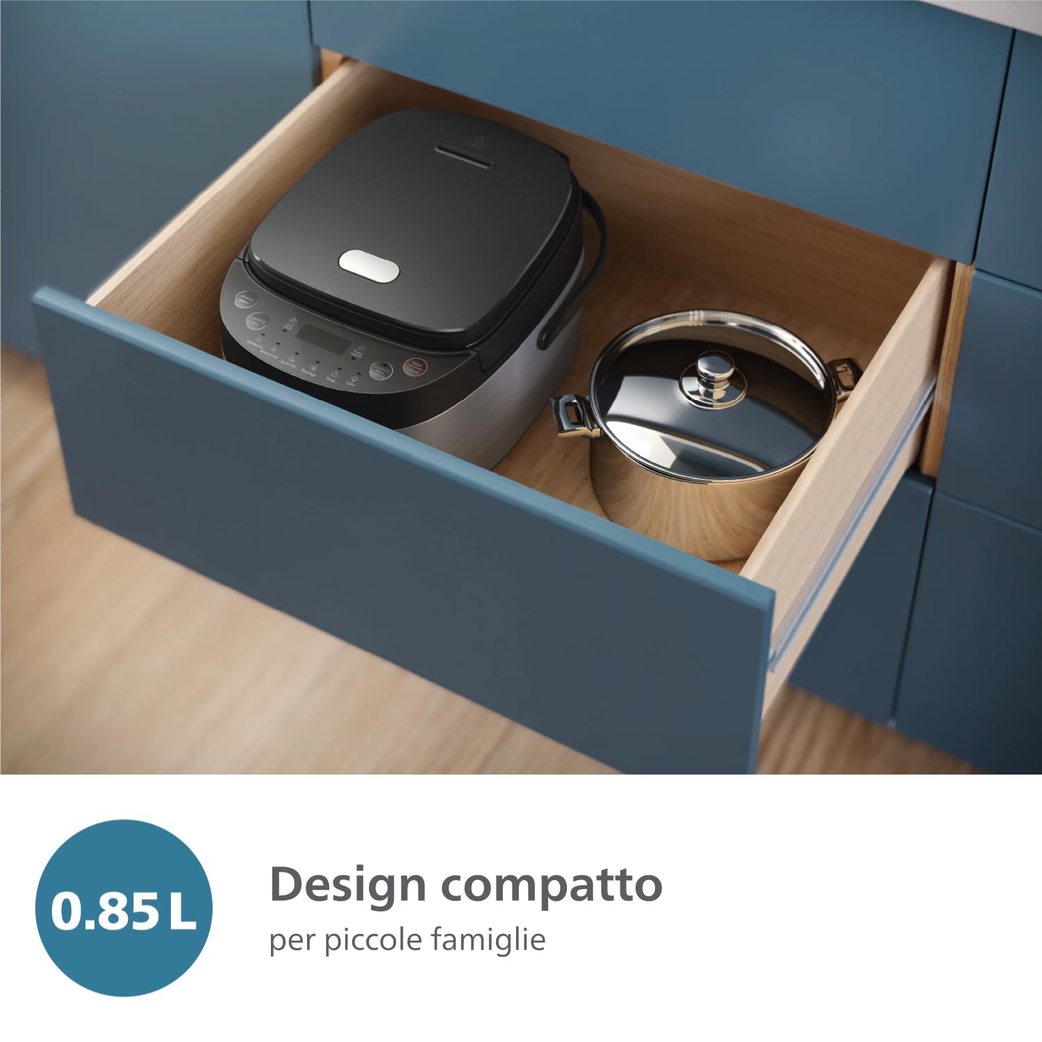 Philips Serie 3000 - Cuociriso compatto da 0,85 l, 8 menu automatici, pentola antiaderente a 4 strati, cottura rapida in 30 minuti, design nero e argento (HD3093/80)