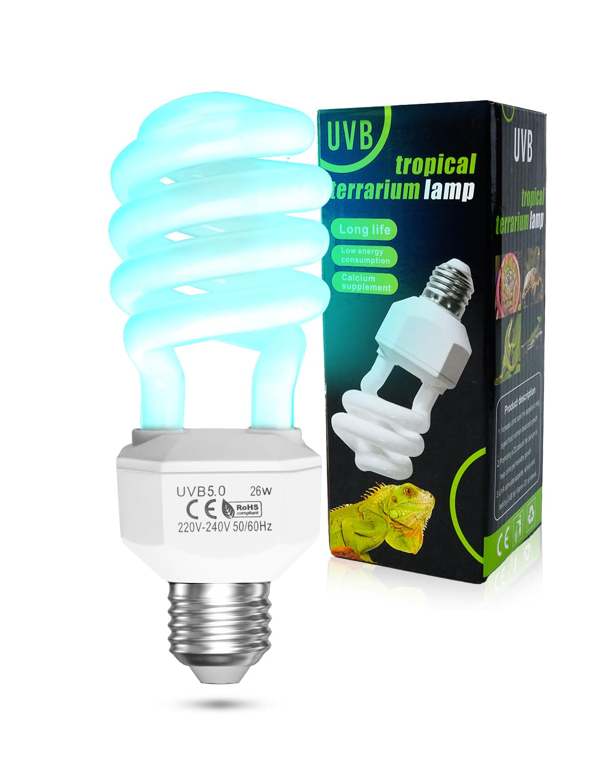 TobeBright 26W E27 Bombilla UVB 5.0 para camaleon AC220-240V uva uvb lamp reptiles bombilla fluorescente para acuario, recipiente de cristal, comedero, tortuga, serpiente, lagarto, etc (1Pcs)