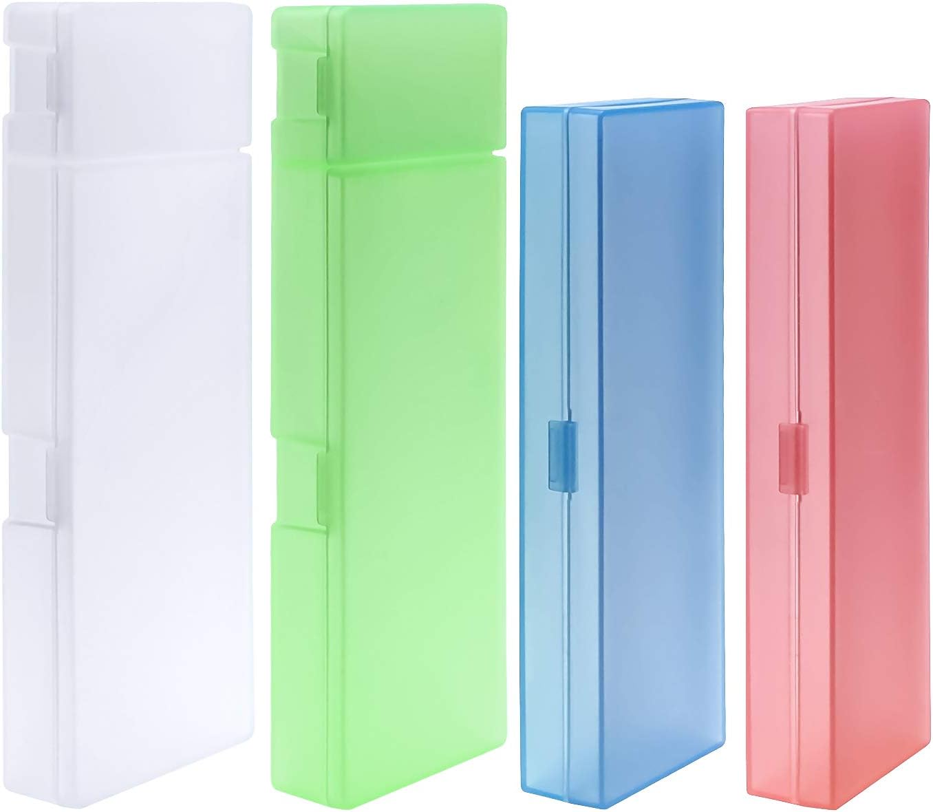 Meetory 4 Pack Translucent Pen Cases,2 Styles Eraser & Pen Sharpener Plastic Storage Holder Box for Kids Students School Office Supplies, Candy Colour 2 Sizes