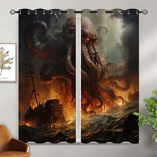 Miniatura 2 de Cortinas opacas piratas para decoración del hogar, diseño náutico de pulpo con ojales, aislamiento térmico, para dormitorio, sala de estar, 42 x 45
