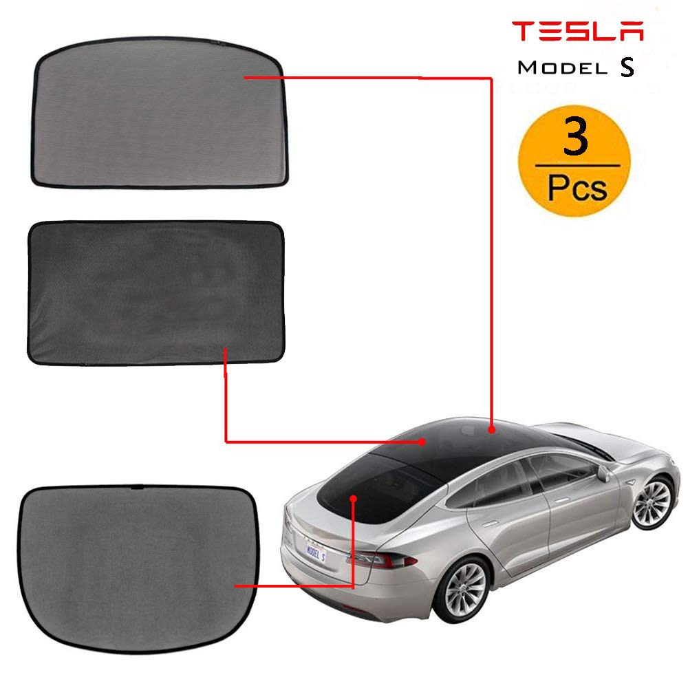 3 Pack Skylight and Rear Windshield Sunshade Protection Compatible for Tesla Model S, Overhead Top Roof Sunroof Shade Anti-UV Blind Shading Net Protection Shield