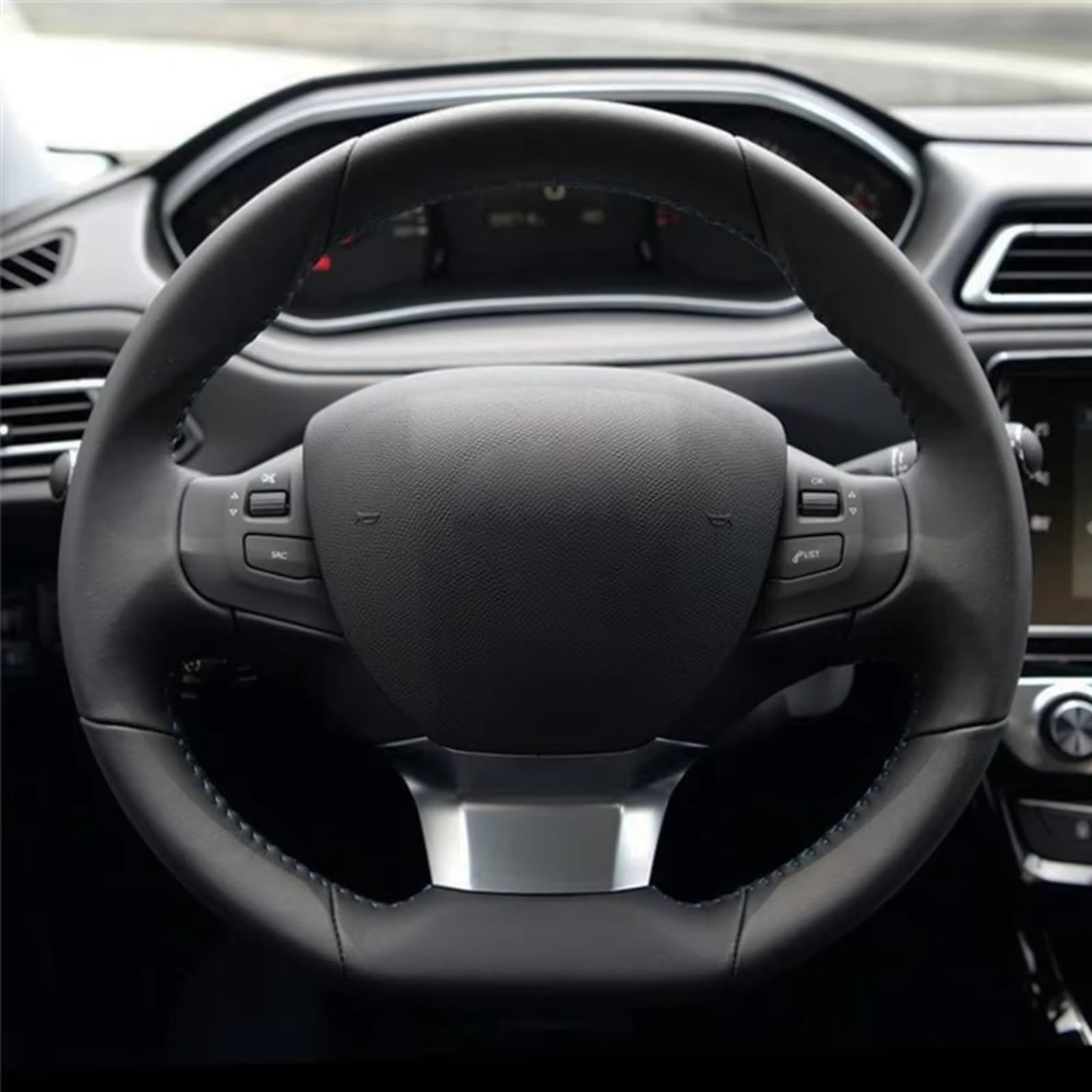 Funda Volante Cuero para Peugeot 308 2014 2015 2016 2017 2018 2019 Funda Volante Coche Cuero Artificial Negro Antideslizante Cosida Mano Funda Volante(Black Thread)
