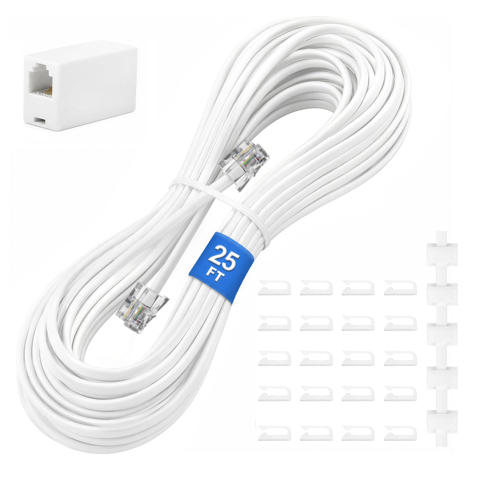 Uvital Telefon-Verlängerungskabel, 7,6 m, Telefonleitungskabel mit Standard-RJ11-Stecker und 2,5 cm-Kupplungen und 20 Kabelcliphaltern, weißes Telefonkabel
