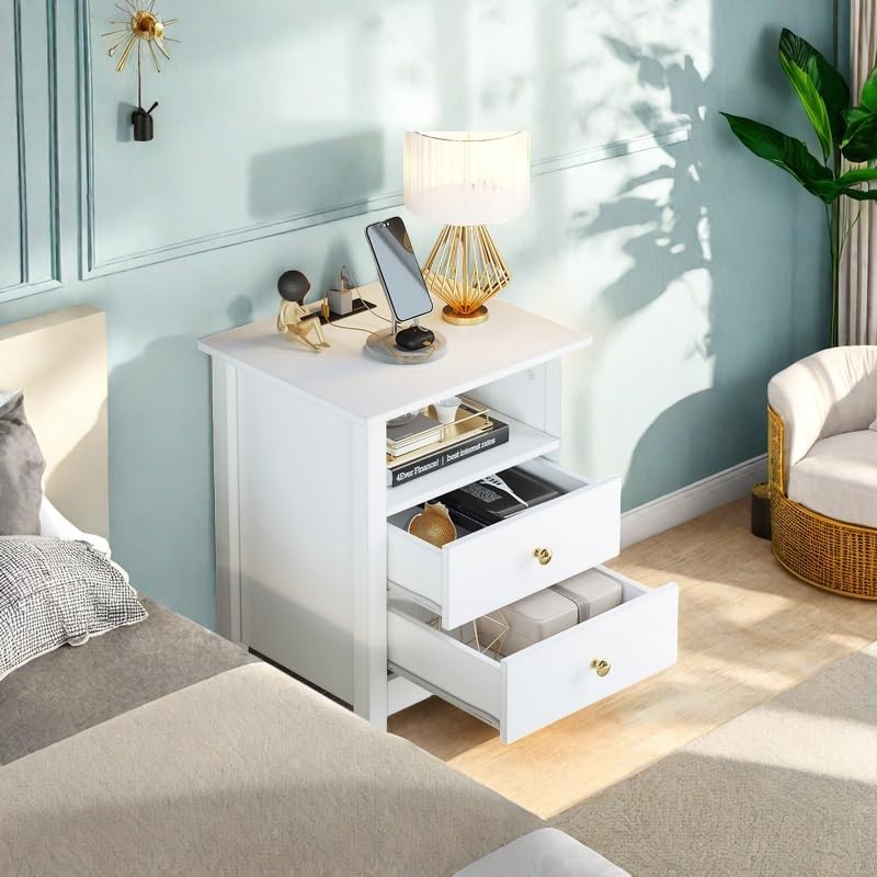 DWVO Set of 2 Nightstand with Charging Station, Night Stands with 2 Drawers, Wooden Modern Bedside Table for Bedroom, White