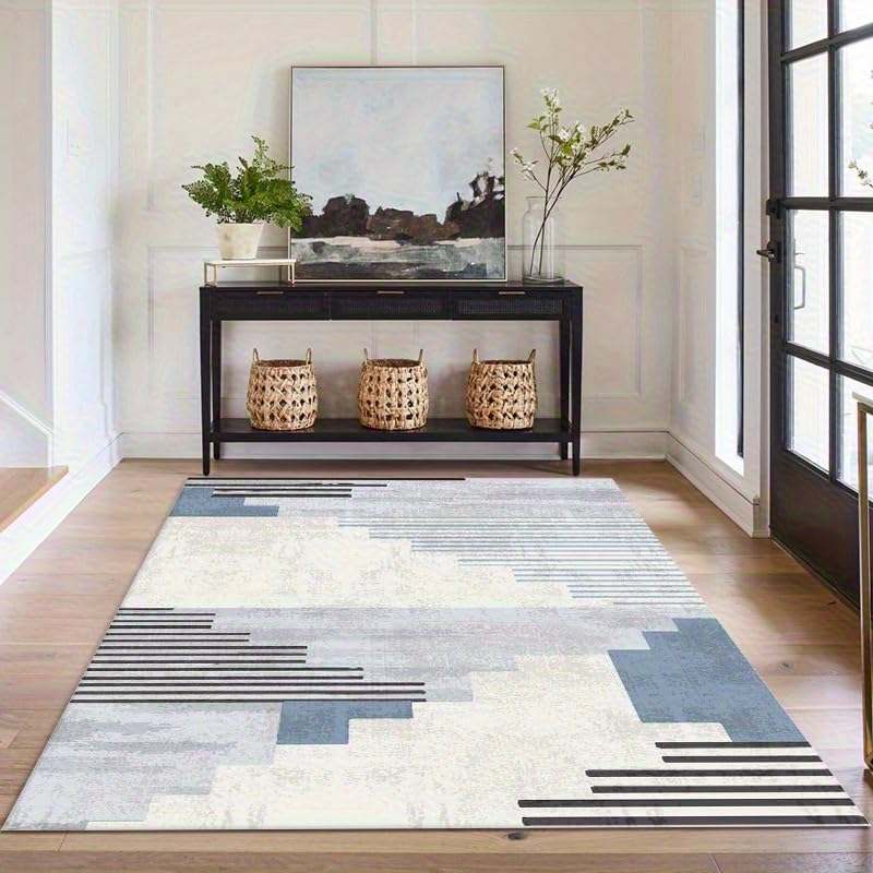 Tapis géométrique gris et bleu 140x230cm salon moderne tapis à poils courts