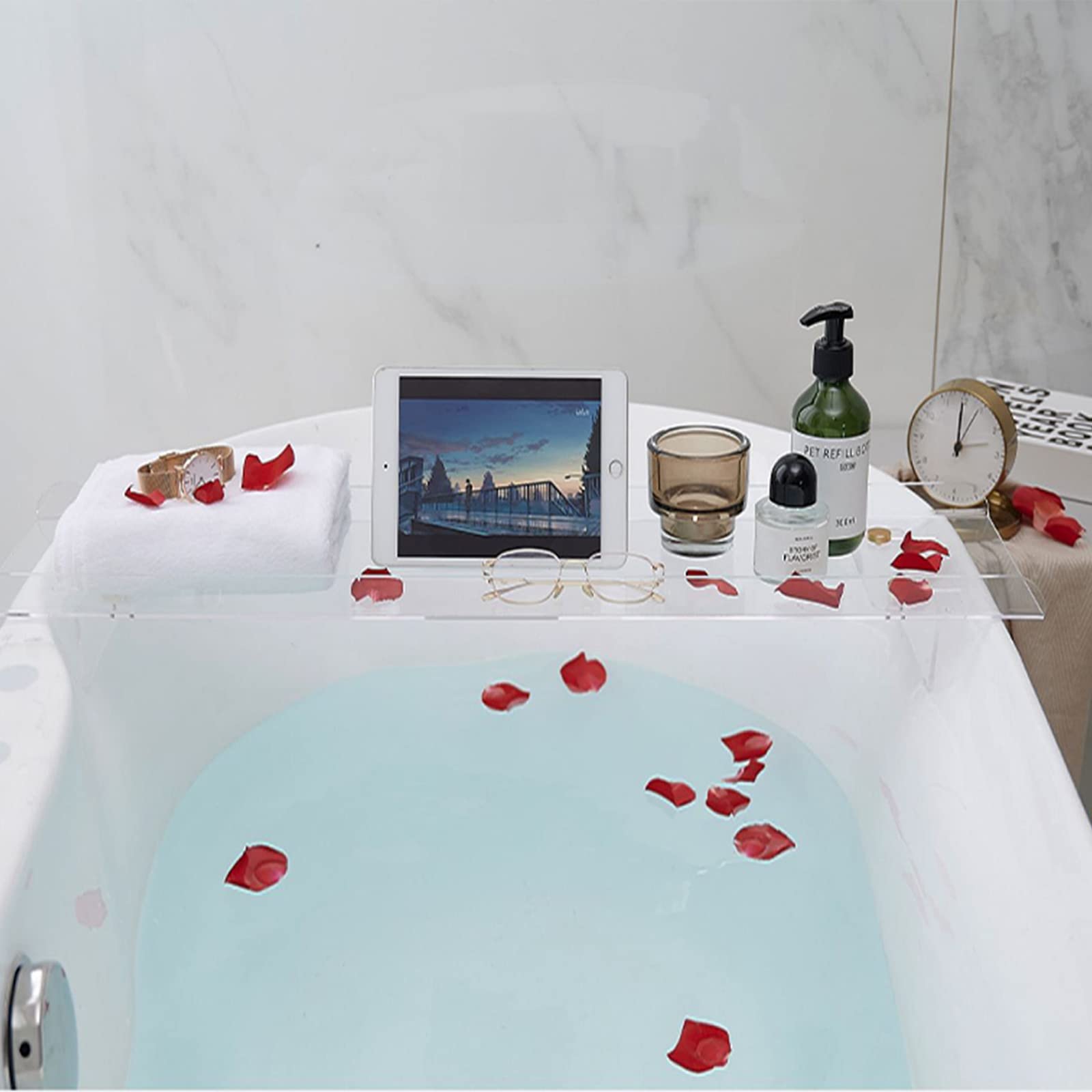 Vassoio per vasca da bagno regolabile in acrilico nero da 89,9 cm per vasca da bagno, elegante tavolo da bagno, vassoio da bagno di lusso per relax e conservazione, perfetto per la cura di sé