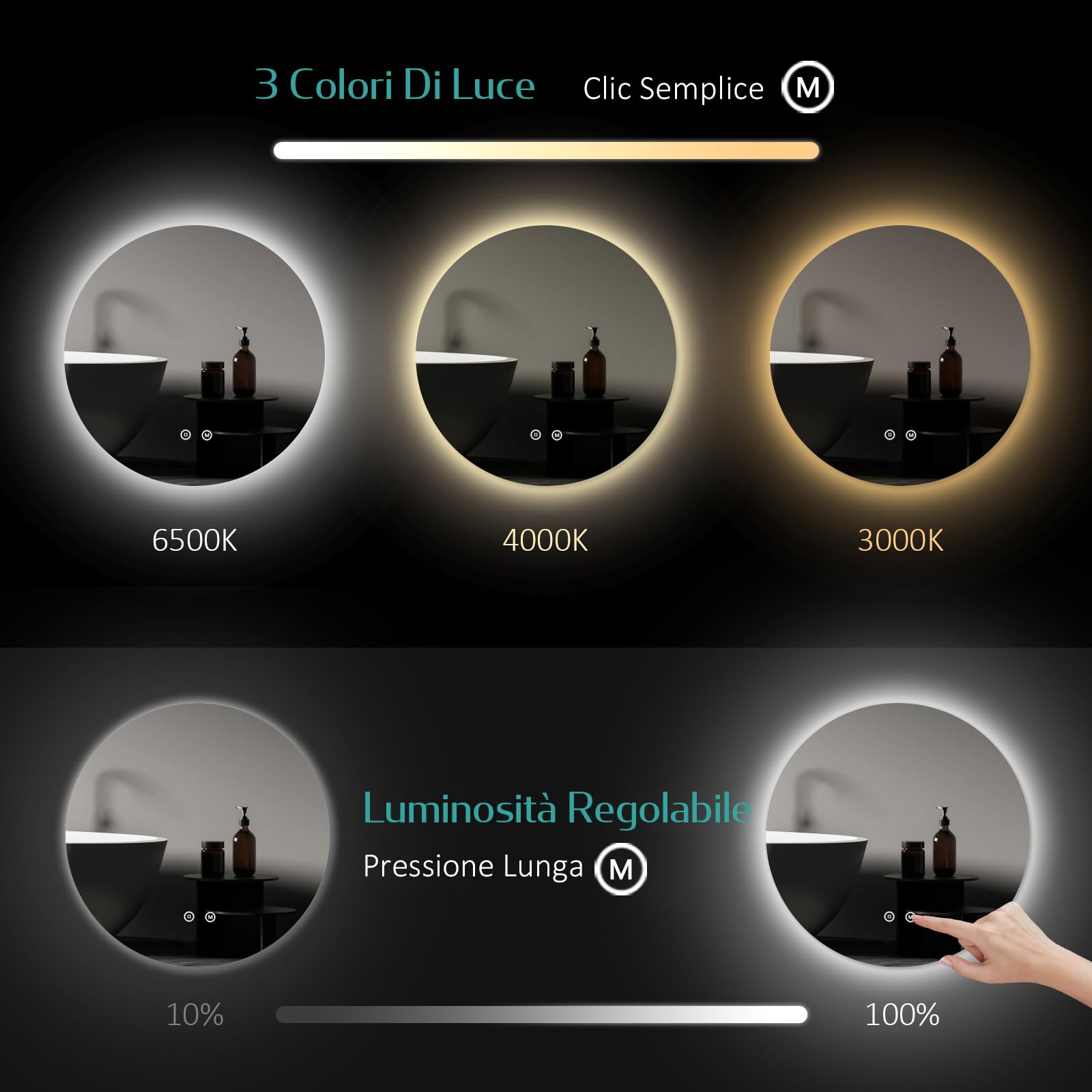 EMKE Specchio Bagno Rotondo con Luce–80 cm, Dimmerabile | 3 Colori di Luce (Bianco Caldo/Neutro/Freddo), Interruttore Touch, Memoria,Specchio Bagno LED