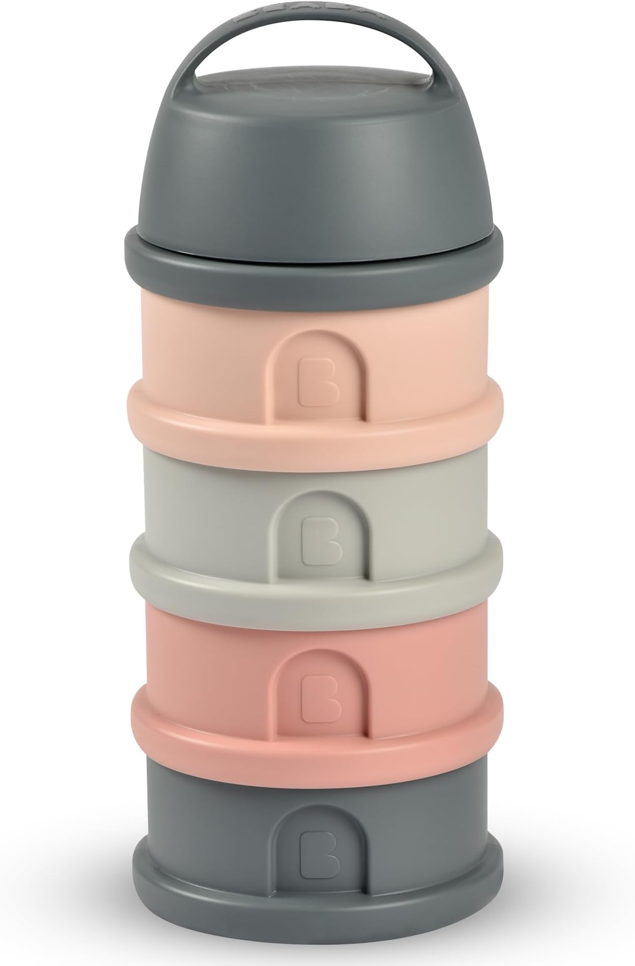 Beaba Formula Container with 4 Stackable and Interchangeable Compartments, Milk Dispenser, 100% Airtight, Large Capacity, Funnel Tip For Pouring Powder With Precision, Evolutive use, Pink/Mineral Grey