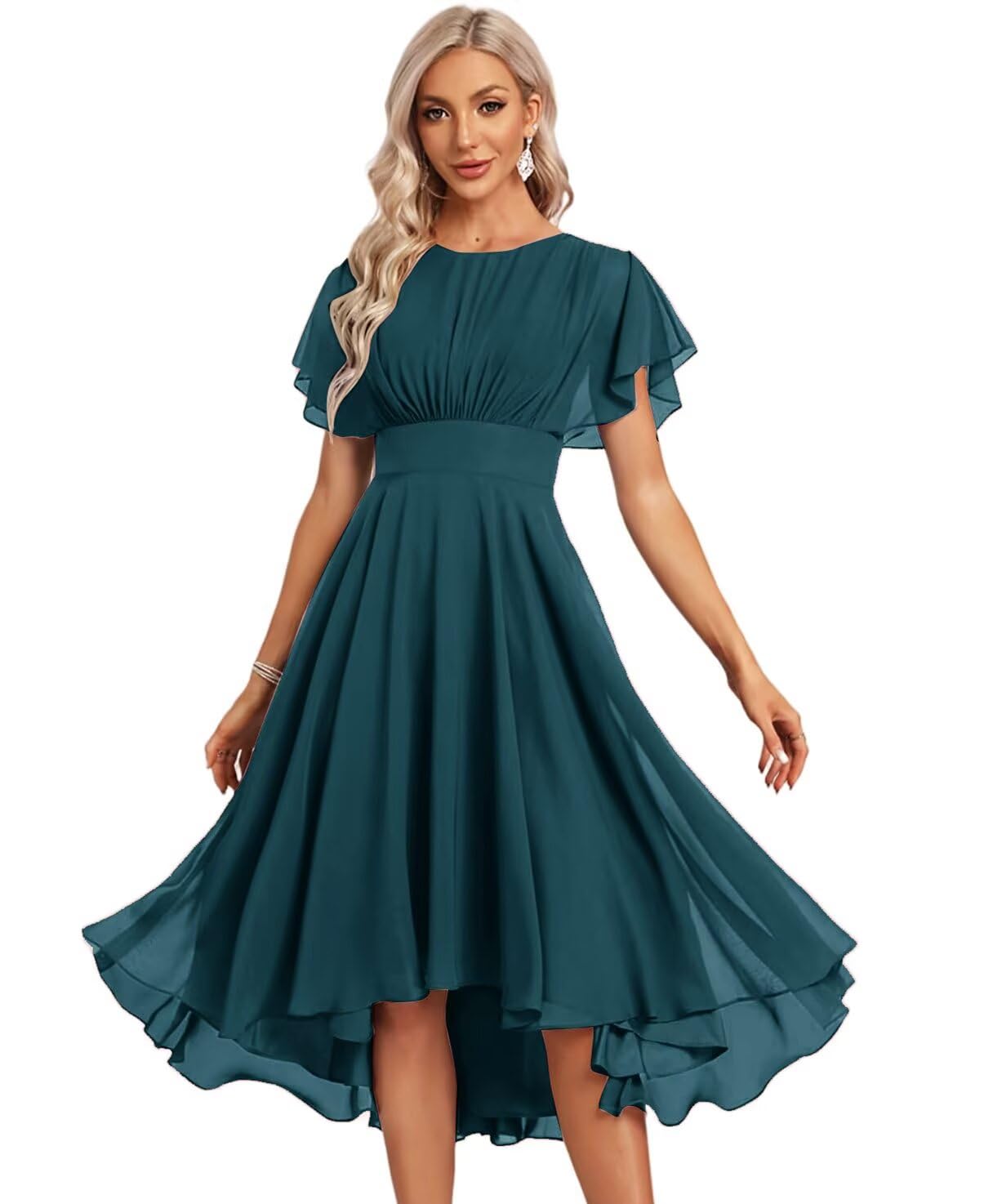 JAKIPPY Women's Chiffon Bridesmaid Dresses Short Crew Neck Flutter Sleeves Prom Dress for Evening Party