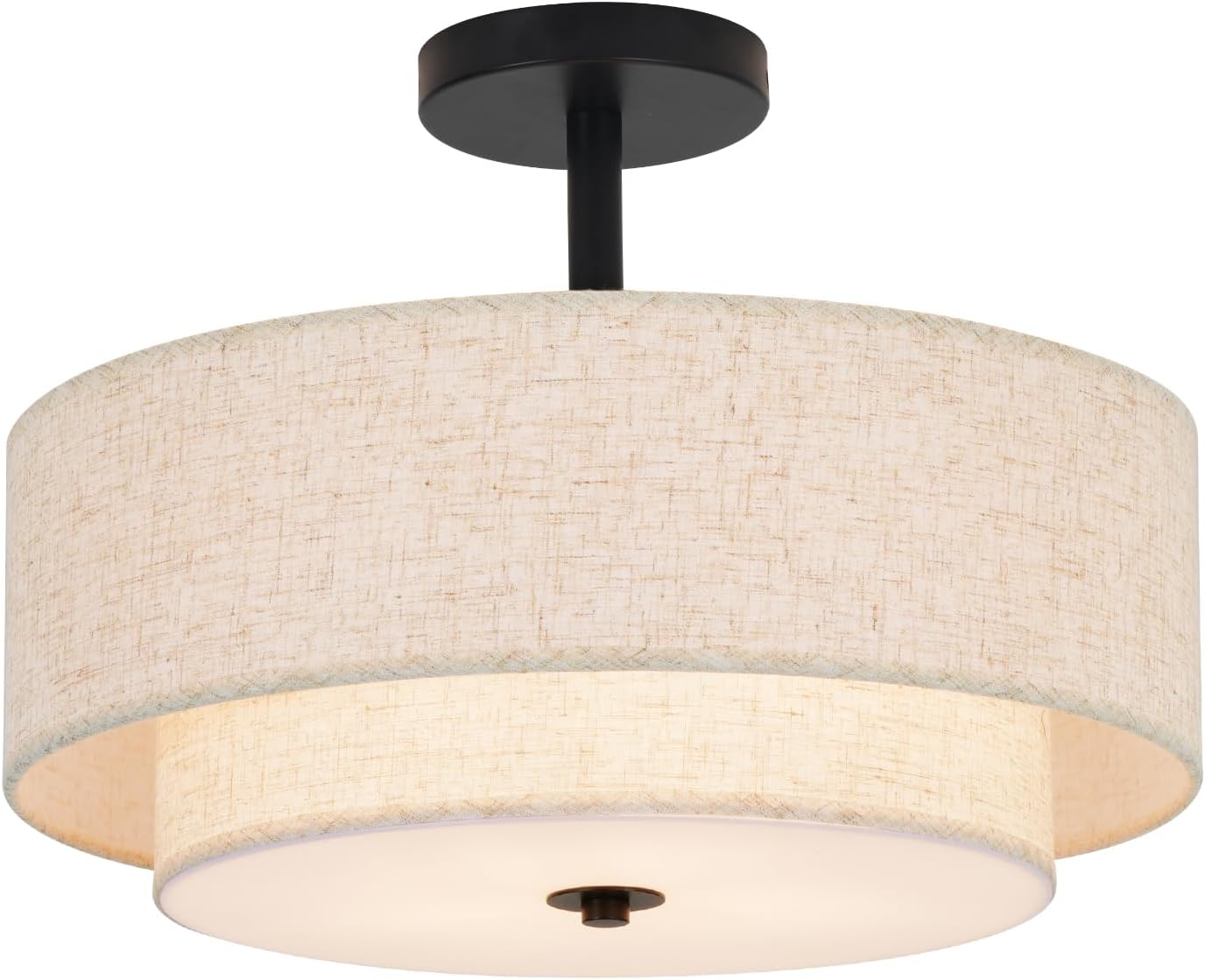 15.7 inch Modern Ceiling Light, Double Fabric Ceiling Lamp, 3 Light Gold Semi-Flush Mount Ceiling Lights, Round Ceiling Light Fixture for Bedroom, Kitchen, Dining Room, Hallway，Living Room