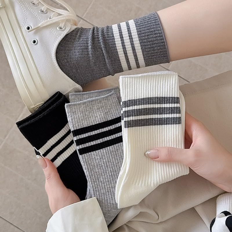4 Pairs Women Cew Socks, Casual Striped Ankle Socks Knit Boots Sock for Girls Daily Use