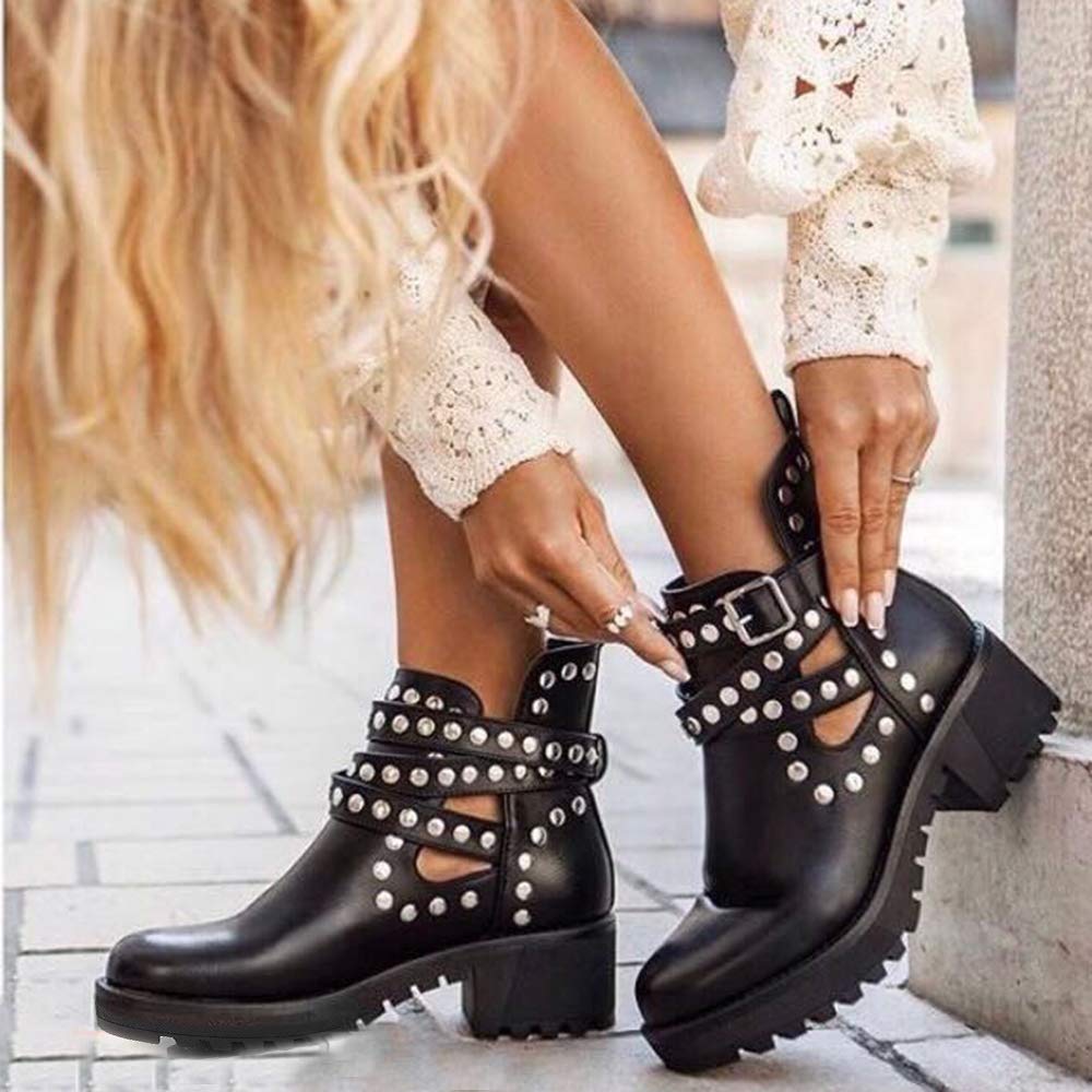 IF Fashion Scarpe da Donna Stivali Stivaletti Biker Fibbie Borchie Primaverili Traforati GR-6608