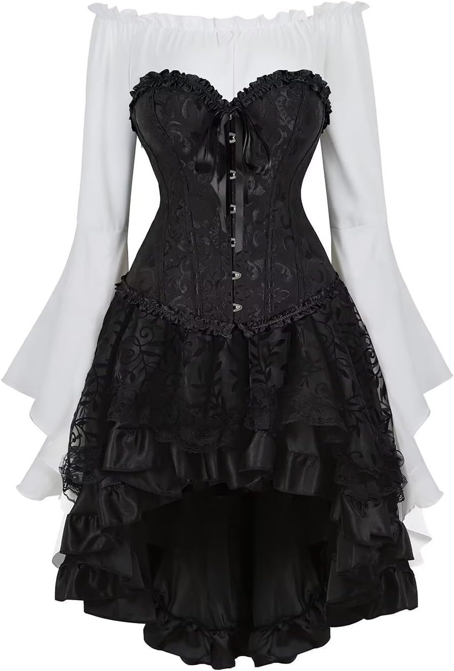 Jutrisujo Corset Tops for Women Dress Skirt with Tutu 3 Set Plus Size Vintage Lace up Gothic Costume Halloween