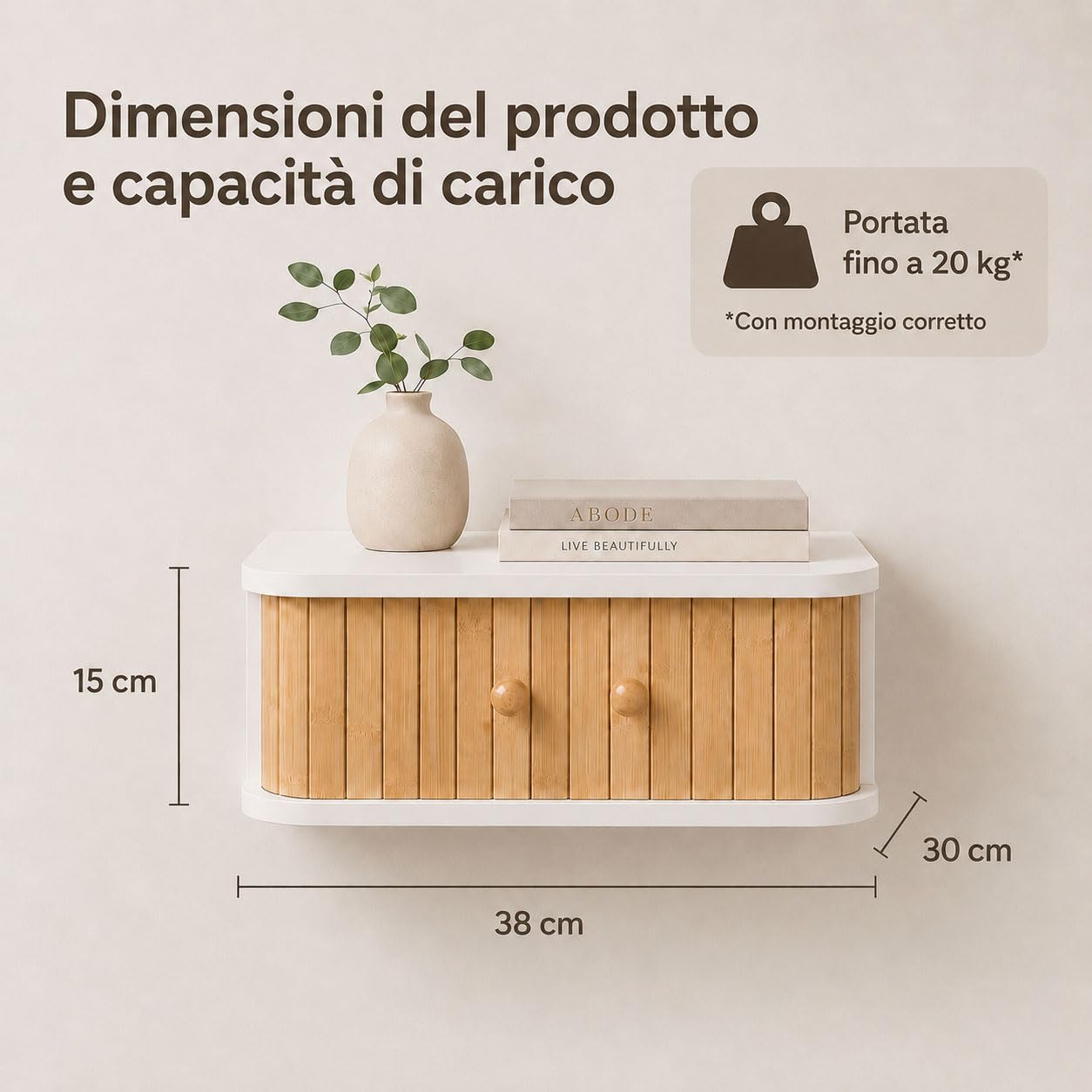 SUMGAR Comodino sospeso bianco Set da 2 | camera da letto organizer piccoli spazi legno bambù naturale moderno boho mobili 38 x 30 x 15cm, Sospeso