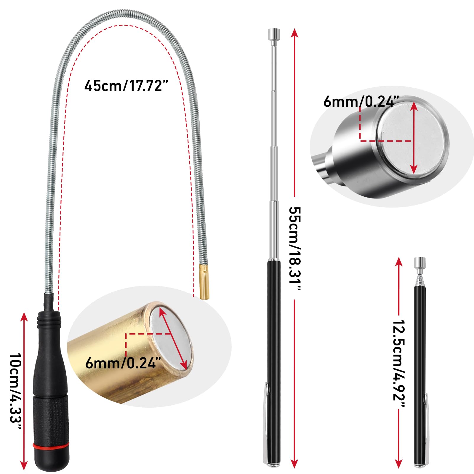 Imán de varilla flexible 55 cm + barra magnética retráctil 55 cm elevador de pared flexible recoge tornillos llaves piezas pequeñas