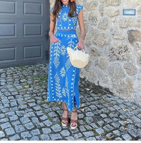 Womens Boho Floral Printed 2 Piece Set Floral Print Crop Top High Split Maxi Skirt Sets Summer Beach Matching Set3