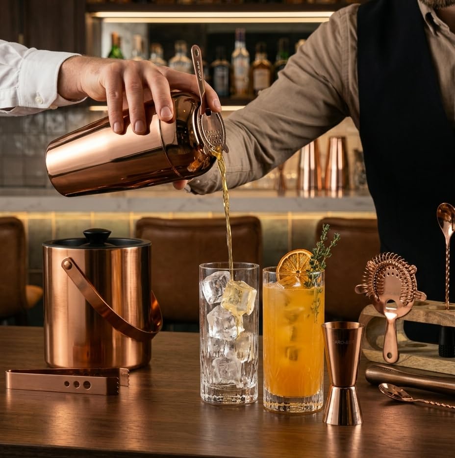 Image of Car-O-Bar Copper Gold Bar Set with Stand | 10 Piece Bartender Kit :Cocktail Shaker, Bar Spoon, Jigger, Muddler, Strainer, Wine & Beer Bottle Opener, 2 Pour Spouts, Tong, Wooden Stand
