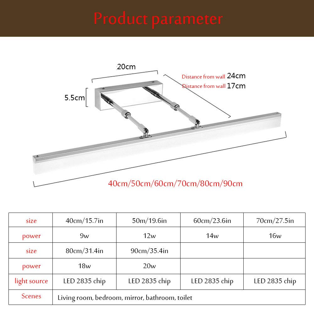 Moderne luci a LED per Il Bagno, 40 cm/50 cm/60 cm/70 cm/80 cm/90 cm, Regolabili, sopra Lo Specchio, Lunghe luci a LED per Il Bagno, Applique da Parete, Specchio, Luce Bianca 6000-6500Ｋ, ARG