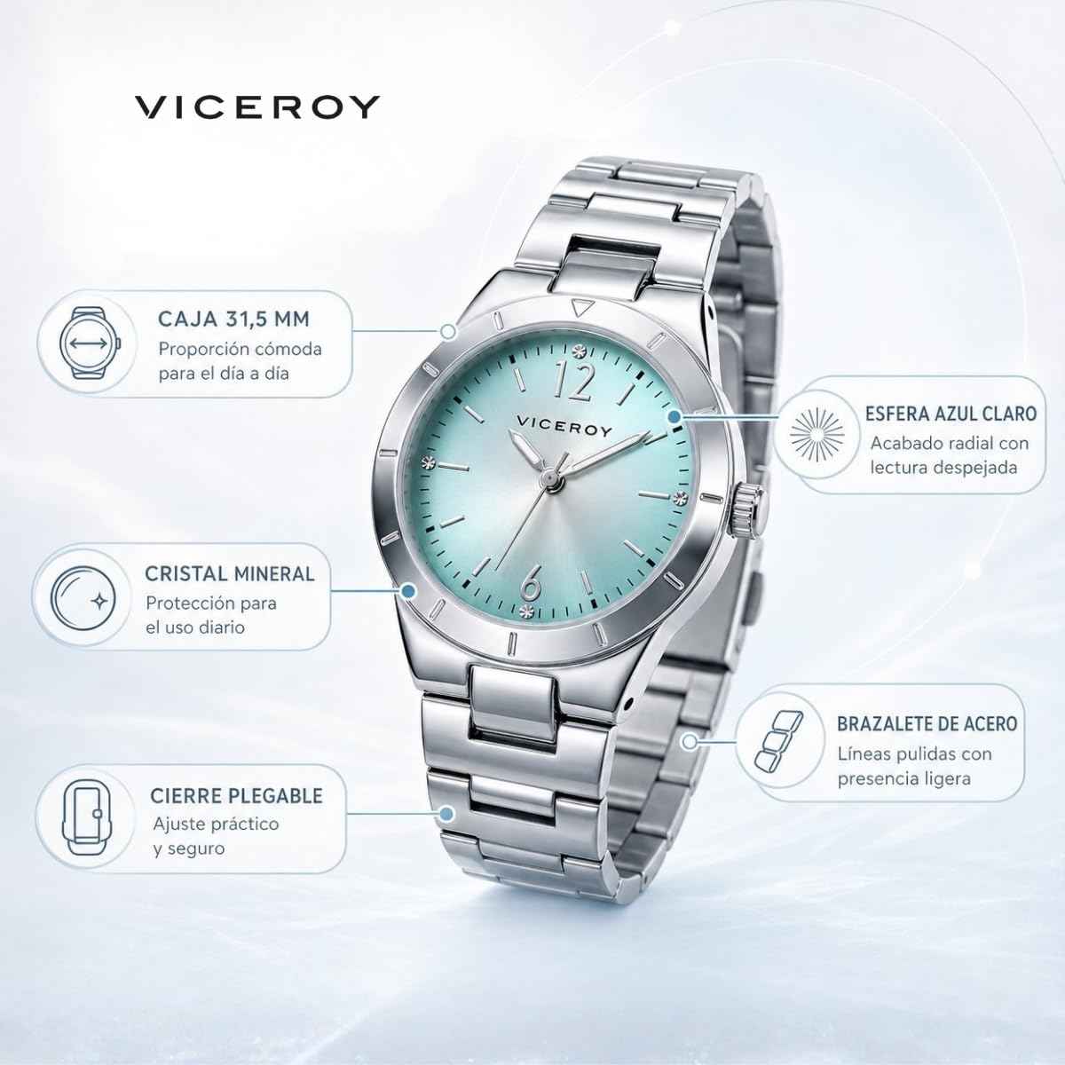 Viceroy Reloj Analógico Mujer de Acero Inoxidable - Movimiento de Cuarzo - Esfera Azul - Resistente al Agua 5 ATM - Colección Chic – 40870-35