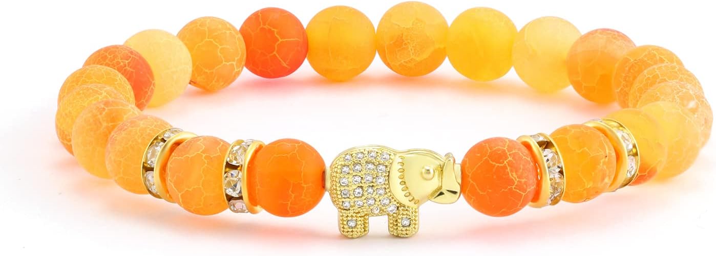 8mm Natural Lava Stone CZ Gold Elephant Bracelet Yoga Balancing Reiki Healing Jewelry, 7.5" Orange